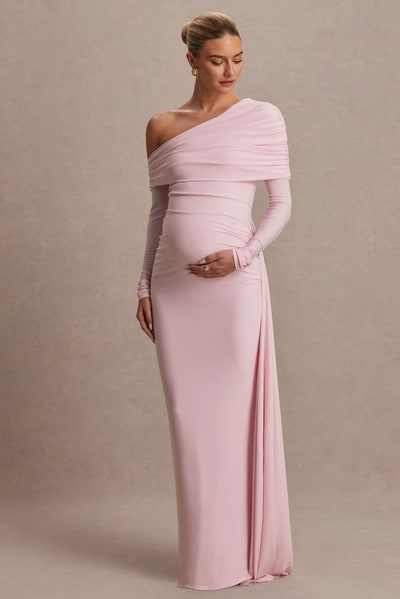 Club L London Amara | Blush Pink Asymmetric-Neck Maternity Maxi Dress With Sash Detail