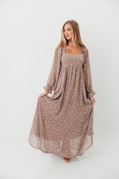 Worth Collective Amy Floral Long Sleeve Maxi Dress in Mocha Multi - Bump Friendly