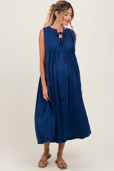 PinkBlush Navy Pleated Double Front Tie Sleeveless Maternity Midi Dress