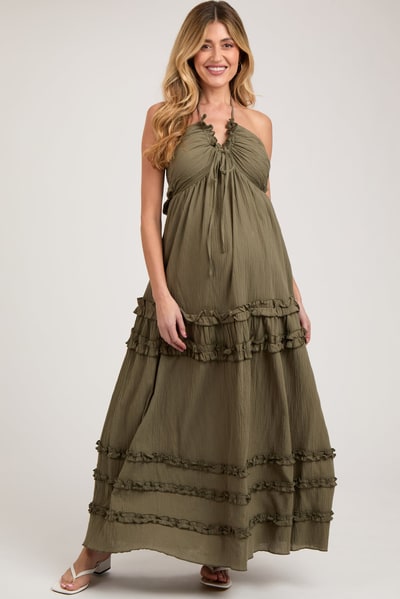 PinkBlush Olive Ruffle Ruched Deep V-Neck Maternity Maxi Dress