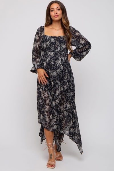PinkBlush Charcoal Floral Chiffon Square Neck Button Front Maternity Midi Dress