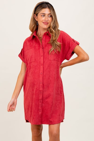 PinkBlush Rust Faux Suede Button Down Maternity Shirt Dress