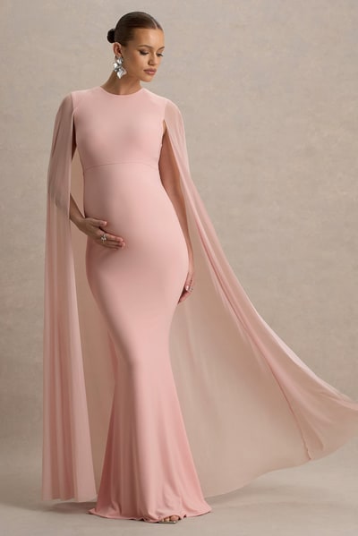 Club L London Currant | Pink Crew-Neck Maternity Maxi Dress With Cape