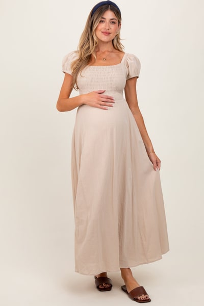 PinkBlush Beige Square Neck Smocked Top Criss Cross Back Tie Maternity Maxi Dress