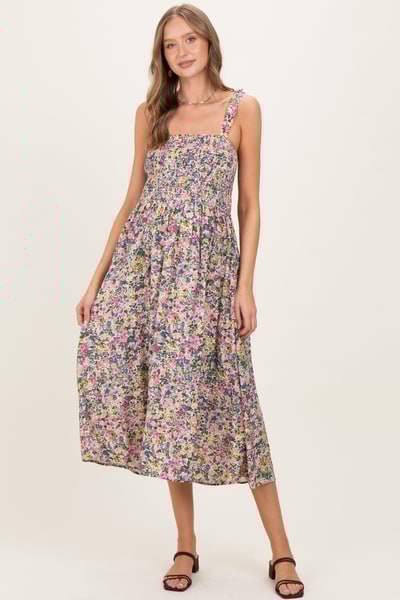 PinkBlush Pink Floral Smocked Shoulder Tie Maternity Midi Dress