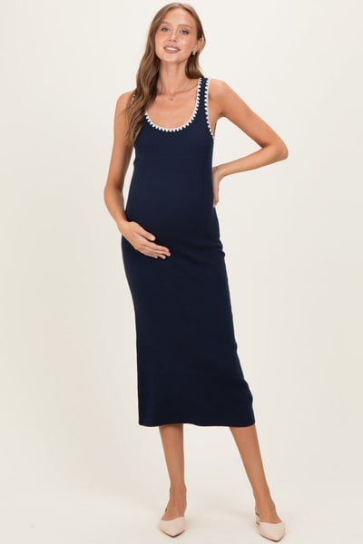 PinkBlush Navy Contrast Stitch Detail Ribbed Maternity Sweater Dress