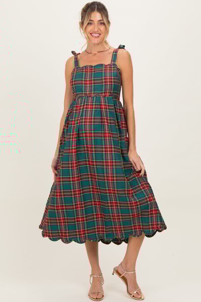 PinkBlush Green Plaid Shoulder Tie Scallop Hem Maternity Midi Dress