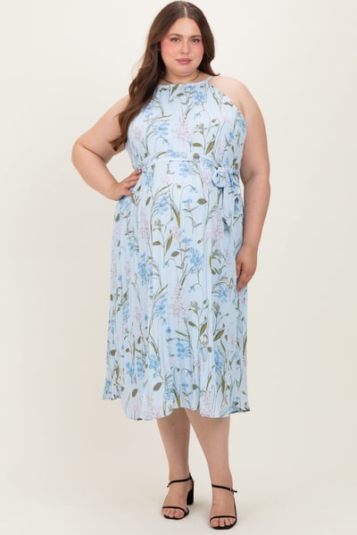 PinkBlush Light Blue Floral Pleated Sleeveless Maternity Plus Midi Dress