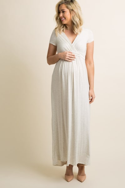 PinkBlush PinkBlush Petite Beige Draped Maternity/Nursing Maxi Dress