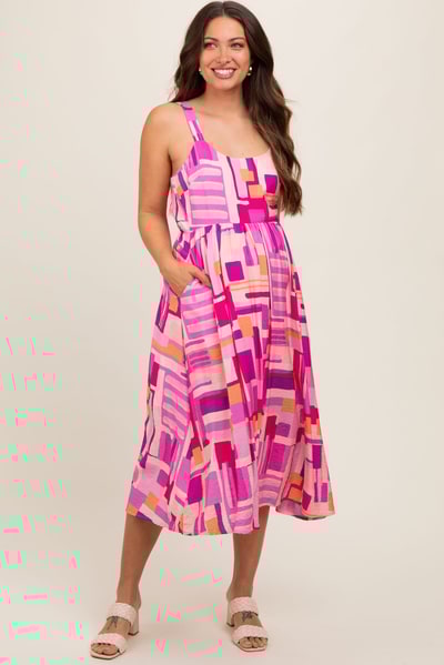 PinkBlush Fuchsia Geo Printed Cut Out Back Detail Maternity Midi Dress