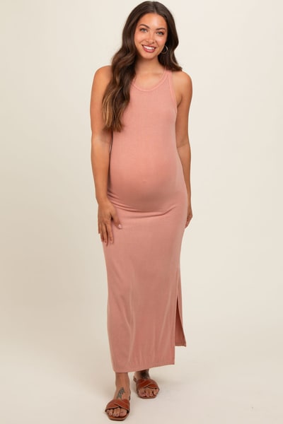 PinkBlush Rust Ribbed Knit Side Slit Sleeveless Maternity Dress