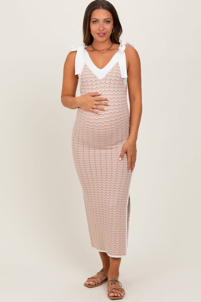 PinkBlush Lavender Chevron Knit Shoulder Tie Maternity Midi Dress