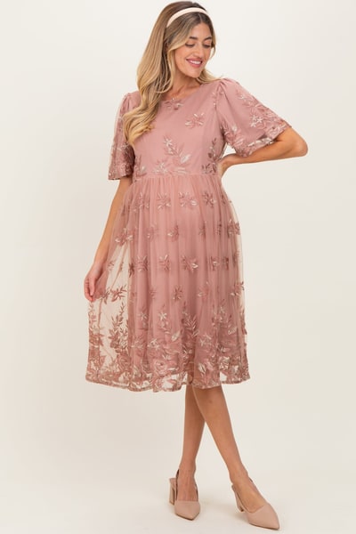 PinkBlush Light Pink Floral Embroidered Mesh Maternity Midi Dress