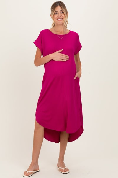 PinkBlush Magenta Ribbed Curved Hem Maternity Midi Dress