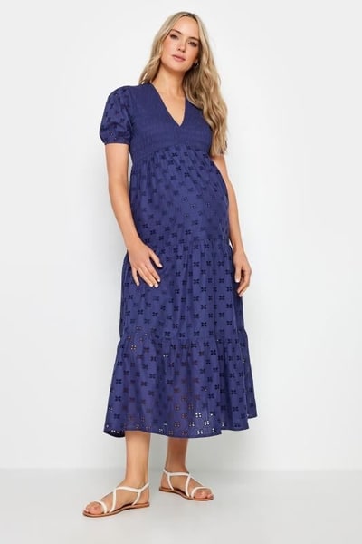 Yours Clothing LTS Tall Maternity Navy Blue Broderie Anglaise Tiered Midaxi Dress
