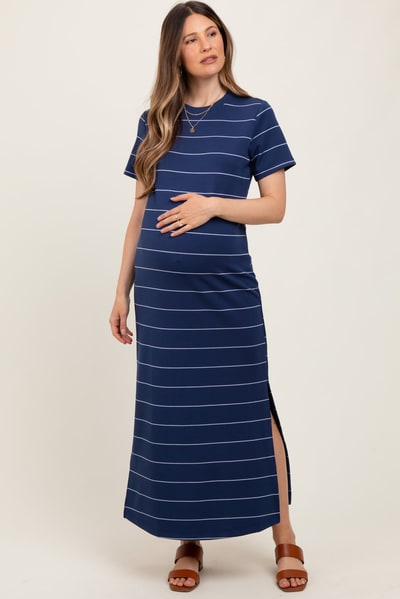 PinkBlush Navy Striped Short Sleeve Side Slit Maternity Midi Dress