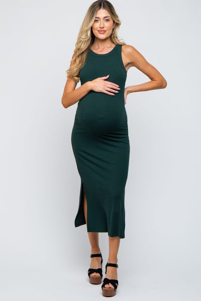 PinkBlush Forest Green Ribbed Maternity Side Slit Tank Dress