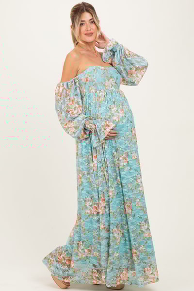 PinkBlush Mint Floral Lace Smocked Long Sleeve Off Shoulder Maternity Maxi Dress