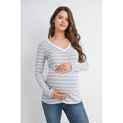 Target Hello Miz Women's V Neck Long Sleeve Striped Maternity Top - Grey/White - Medium