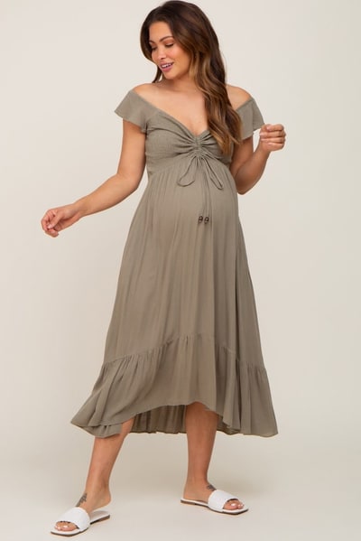 PinkBlush Olive Smocked Ruched Ruffle Hem Maternity Maxi Dress