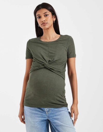 ASOS Mamalicious Maternity ribbed jersey twist front T-shirt in dark khaki