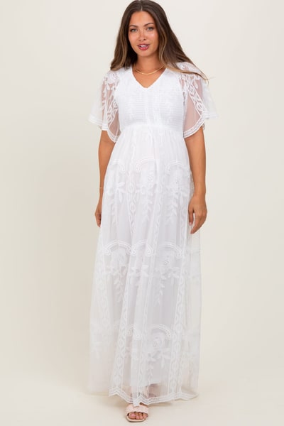 PinkBlush White Smocked Top Lace Maternity Maxi Dress