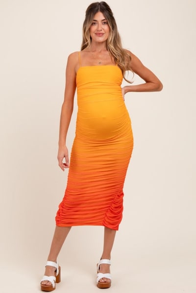 PinkBlush Orange Mesh Ombre Ruched Maternity Midi Dress