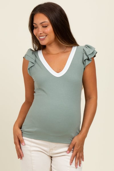 PinkBlush Sage/ Ivory Solid Ribbed Ruffle Sleeve Fitted Maternity Top