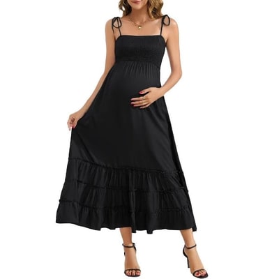 Target Sleeveless Maternity Dress Women's Summer Spaghetti Strap Smocked Tiered Flowy Maxi Dress for Baby Shower Photoshoot Black L