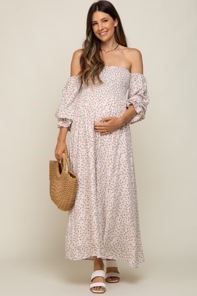 PinkBlush Cream Floral Square Neck Smocked Long Sleeve Maternity Maxi Dress