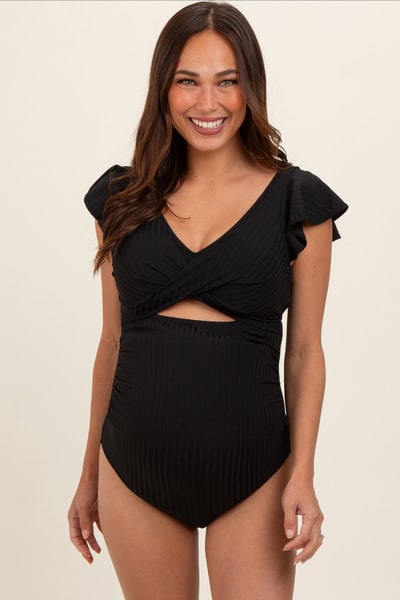 PinkBlush Black Ribbed Ruched Cutout Flutter One Piece Maternity Swimsuit