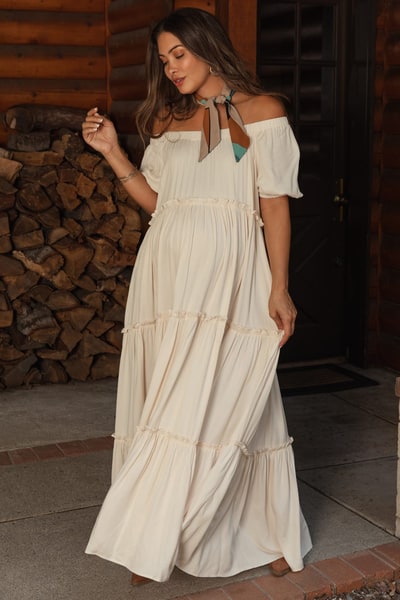 PinkBlush Cream Off Shoulder Ruffle Tiered Maternity Maxi Dress