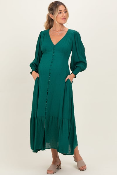 PinkBlush Evergreen Swiss Dot Button Down Maternity Maxi Dress