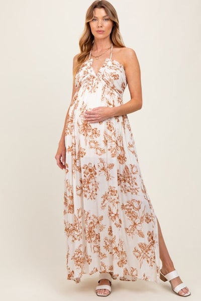 PinkBlush Taupe Floral Tie-Back Halter Maternity Maxi Dress