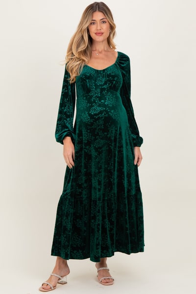 PinkBlush Emerald Green Velvet Jacquard Floral Maternity Maxi Dress