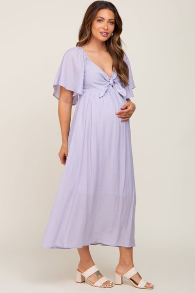 PinkBlush Lavender Front Tie Ruffle Sleeve Maternity Midi Dress