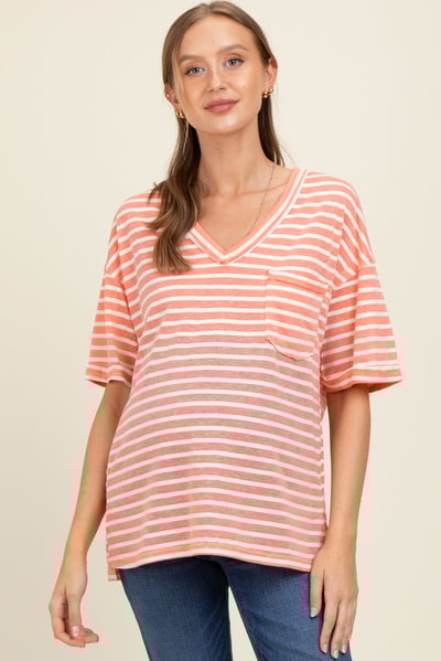 PinkBlush Peach Striped Oversized V-Neck Front Pocket Maternity T-Shirt