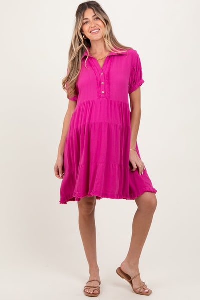 PinkBlush Fuchsia Tiered Collared Linen Maternity Dress