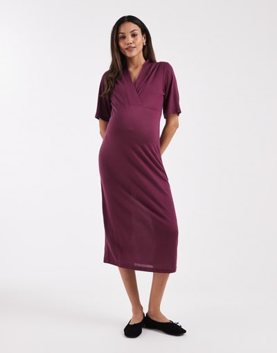 ASOS Mamalicious Maternity short sleeve wrap front jersey midi dress in burgundy