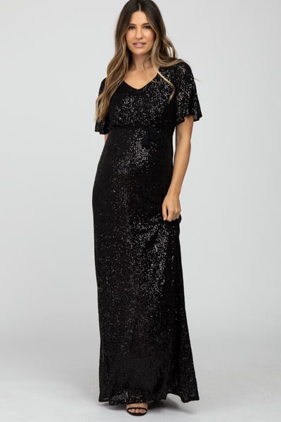 PinkBlush Black Sequin Short Sleeve Maternity Maxi Dress