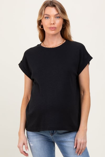 PinkBlush Black Rolled Short Sleeve Maternity Tee