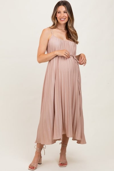 PinkBlush Mocha Pleated Sash Tie Maternity Midi Dress