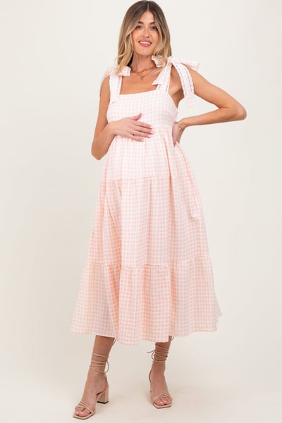 PinkBlush Light Pink Gingham Lace Trim Shoulder Tie Maternity Maxi Dress