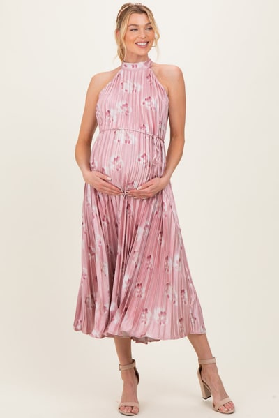 PinkBlush Light Pink  Floral Pleated Halter Maternity Midi Dress