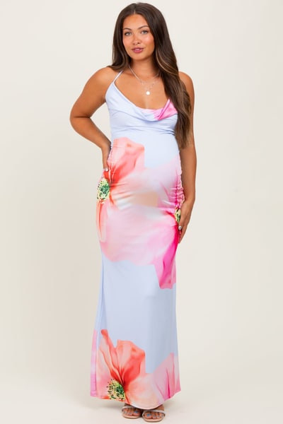 PinkBlush Light Blue Floral Draped Halter Maternity Maxi Dress
