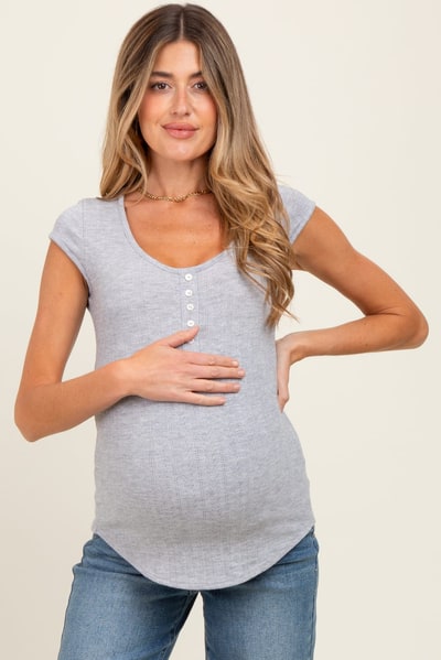 PinkBlush Heather Grey Jacquard Button Front Maternity Short Sleeve Top