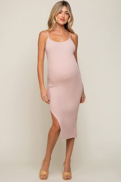 PinkBlush Light Pink Ribbed Sleeveless Side Slit Maternity Midi Dress