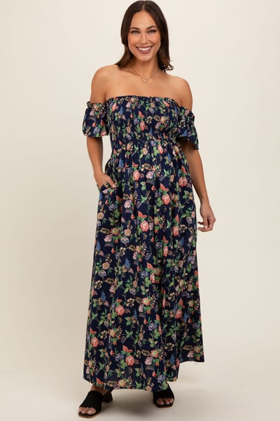 PinkBlush Navy Blue Floral Off Shoulder Maternity Dress