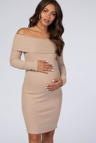 PinkBlush Mocha Soft Ribbed Folded Neck Off Shoulder Maternity Dress