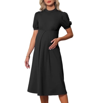 Target INSPIRE CHIC Women's Work Maternity Dresses Mock Neck Button Pleated Front Office A-Line Pregnancy Business Dress Large Black